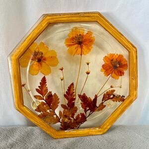 Vintage Trivet Hot Pad Footed 60s/70s Acrylic Resin Dried Flowers Brown 8 Sides